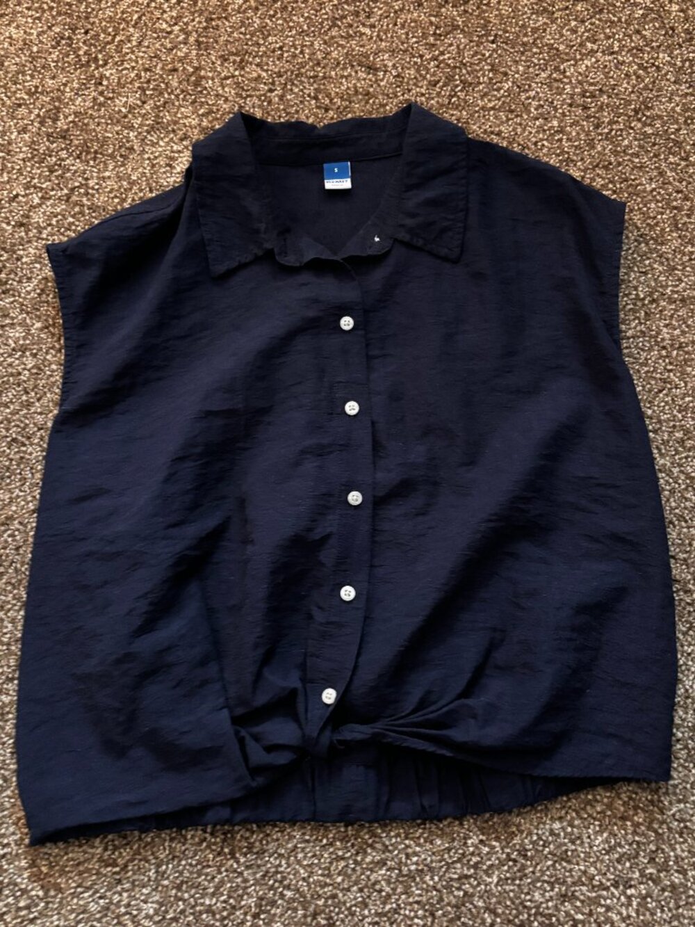 Button down sleeveless/cap sleeve navy blue shirt